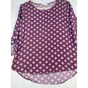 Pink Republic Purple Patterned Tunic Blouse Women's Medium 3/4 Sleeve Hi Low